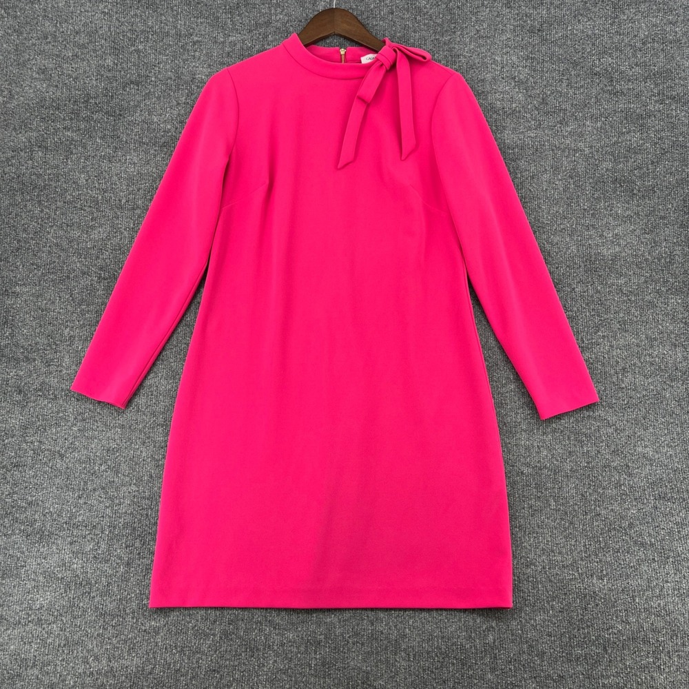 Calvin Klein Sheath Dress Women 12 Pink Mock Neck Bow Professional Mod Chic
